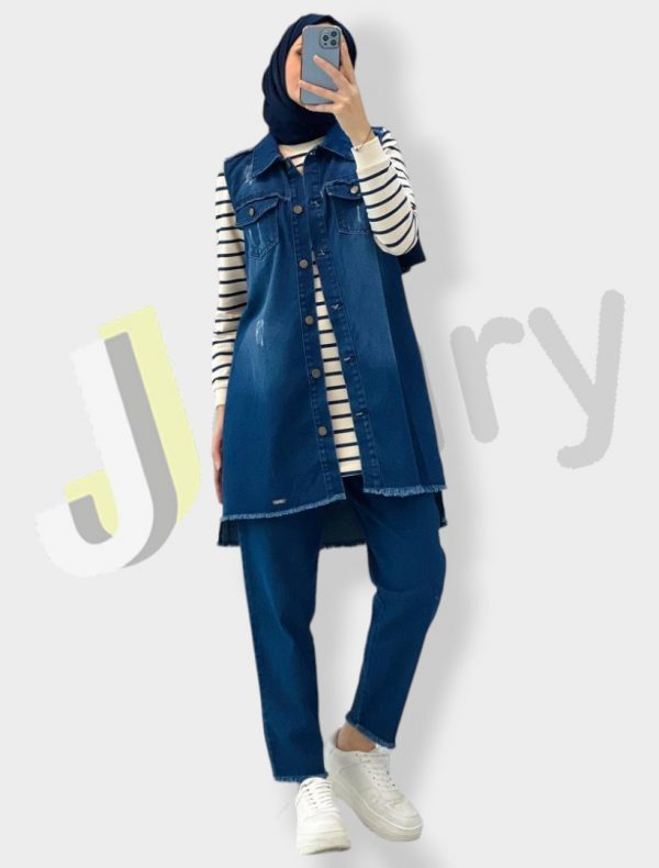 Dreiteiliges Midi-Jacken-Set aus Denim für Damen 9706